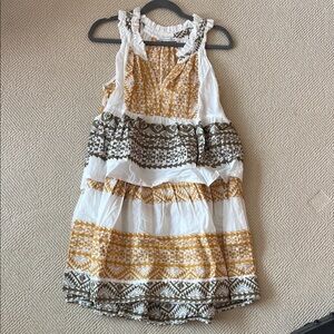 Tiered White Midi Dress with Mustard & Olive Print